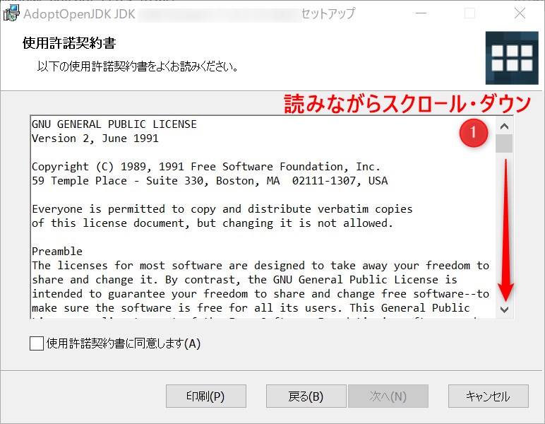 セットアップ・ウィザード「使用許諾契約書」画面①