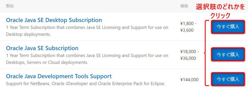 Oracle Store(Oracle JavaSE Subscriptions)画面