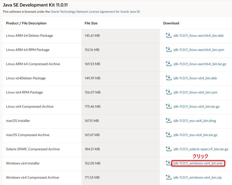 OracleJDK11.0.11(Download)画面