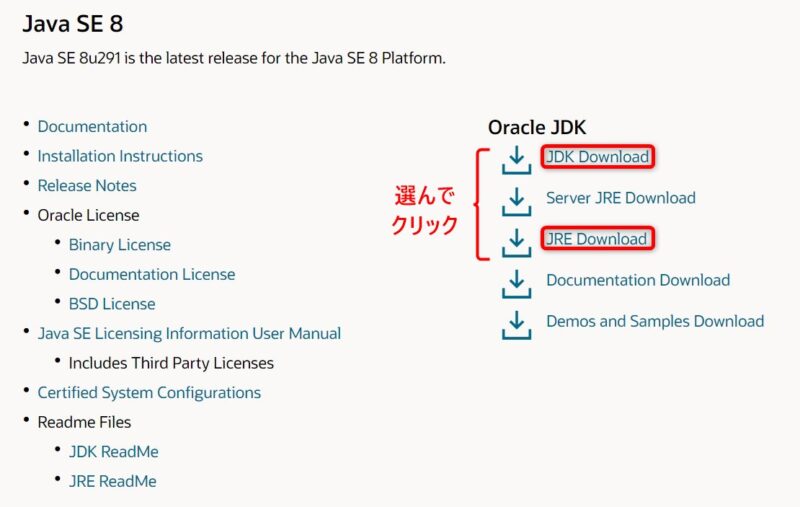 Oracle Java SE 8u291 (Download)画面