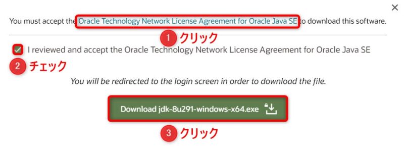 OracleJDK8u291(Download)画面(ライセンス確認)