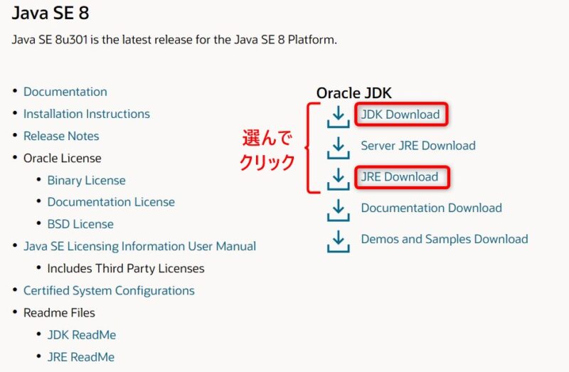 Oracle Java SE 8u301 (Download)画面