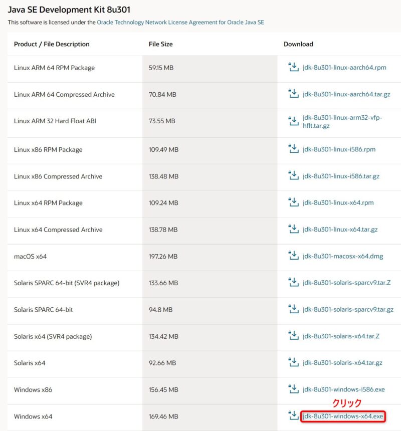 OracleJDK8u301(Download)画面