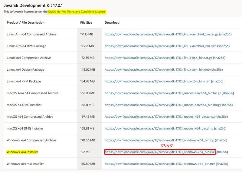 OracleJDK17.0.1(Download)画面