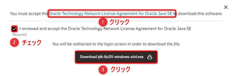 OracleJDK8u311(Download)画面(ライセンス確認)