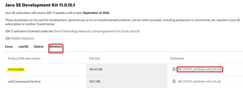 OracleJDK11.0.15.1 (Windows Download) 画面