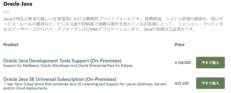 Oracle JavaSE Subscriptions 画面例